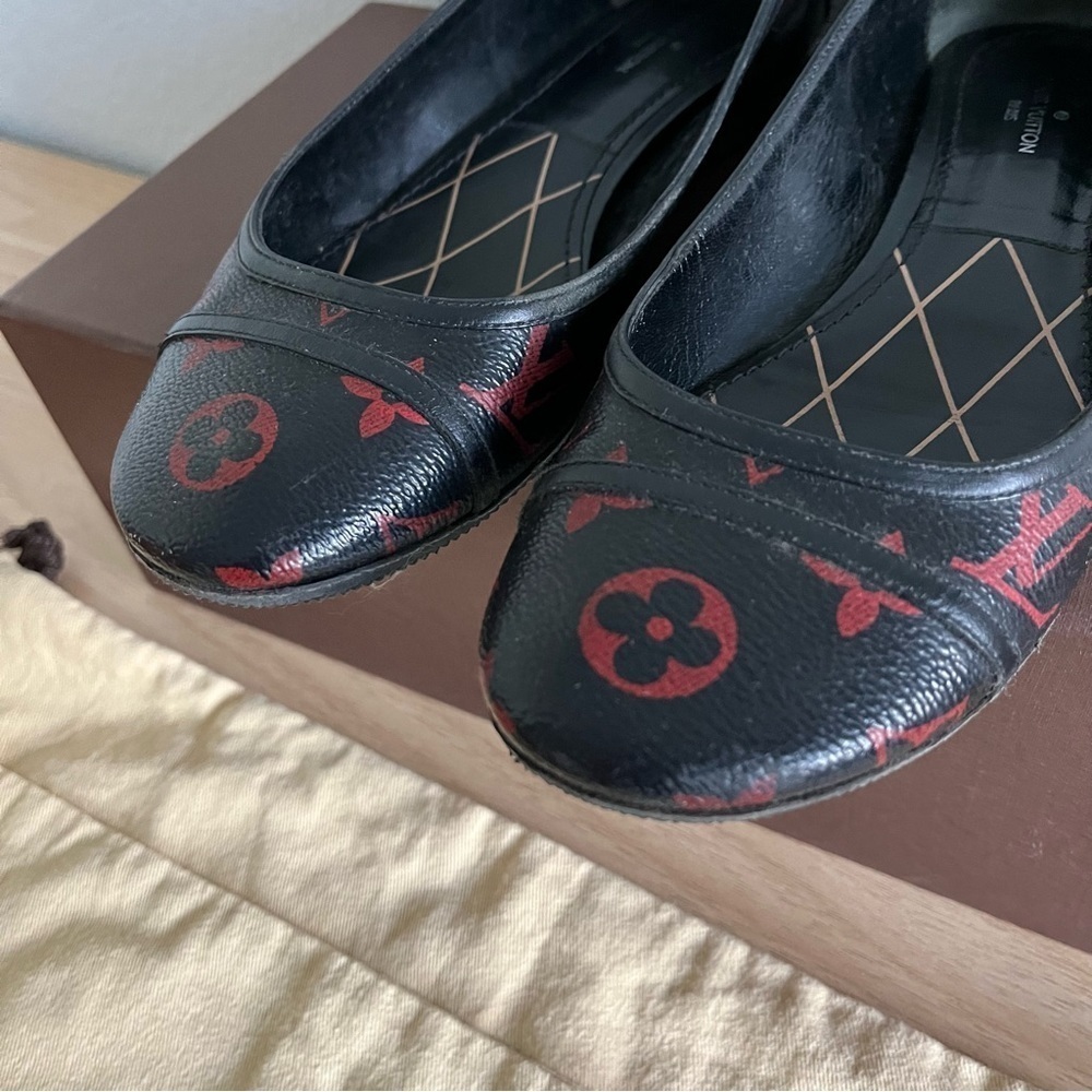 LOUIS VUITTON sz 36.5 6.5 INFRAROUGE Ballet Flats Black Red Monogram Canvas - Picture 7 of 16